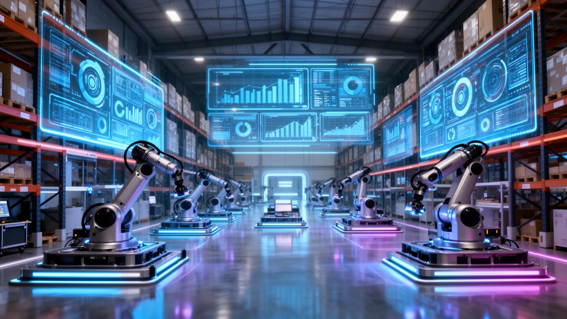 Futuristic warehouse with AI-powered systems and digital displays showing real-time analytics