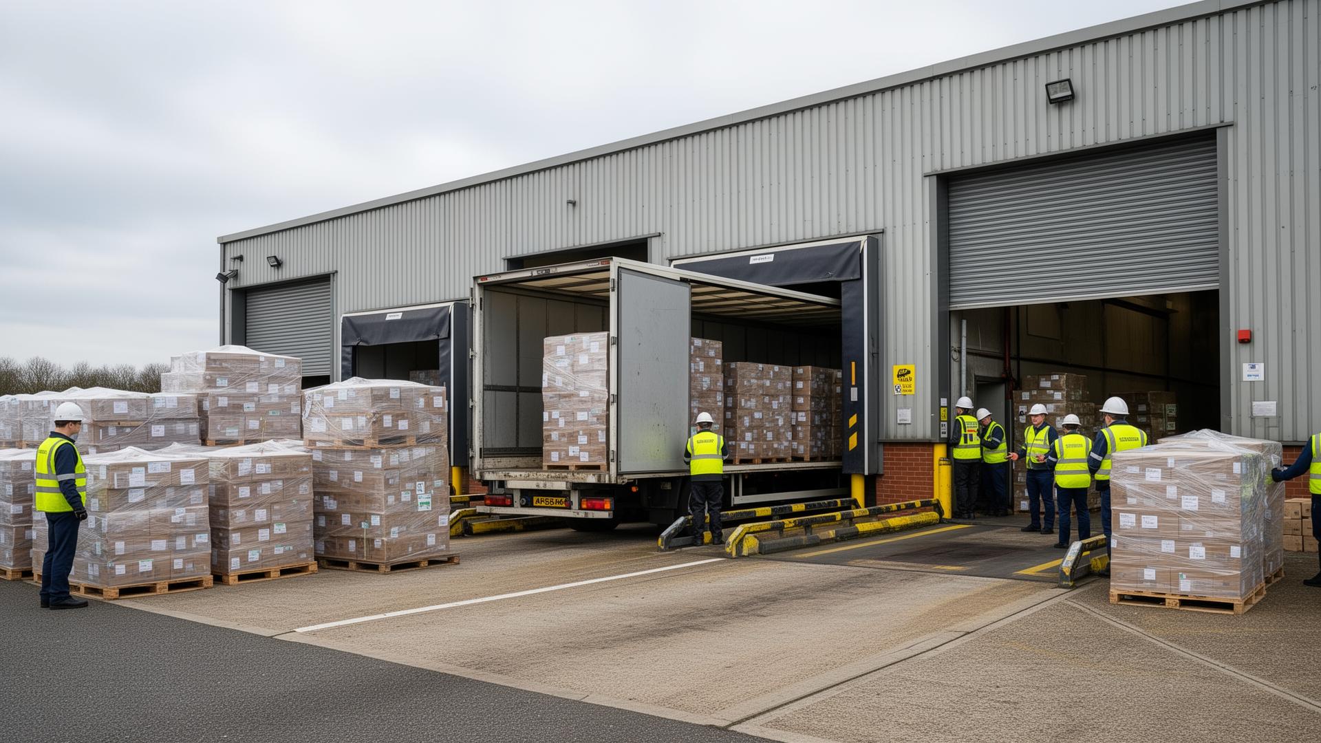 Pallets being loaded onto a lorry at a UK warehouse loading bay