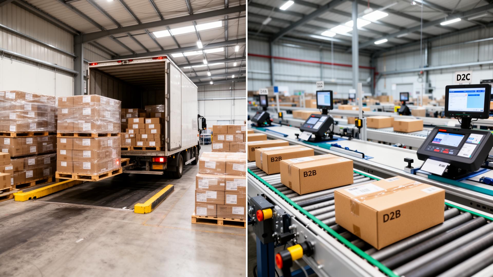 Split view of B2B pallet loading and D2C parcel conveyor belt in a UK warehouse