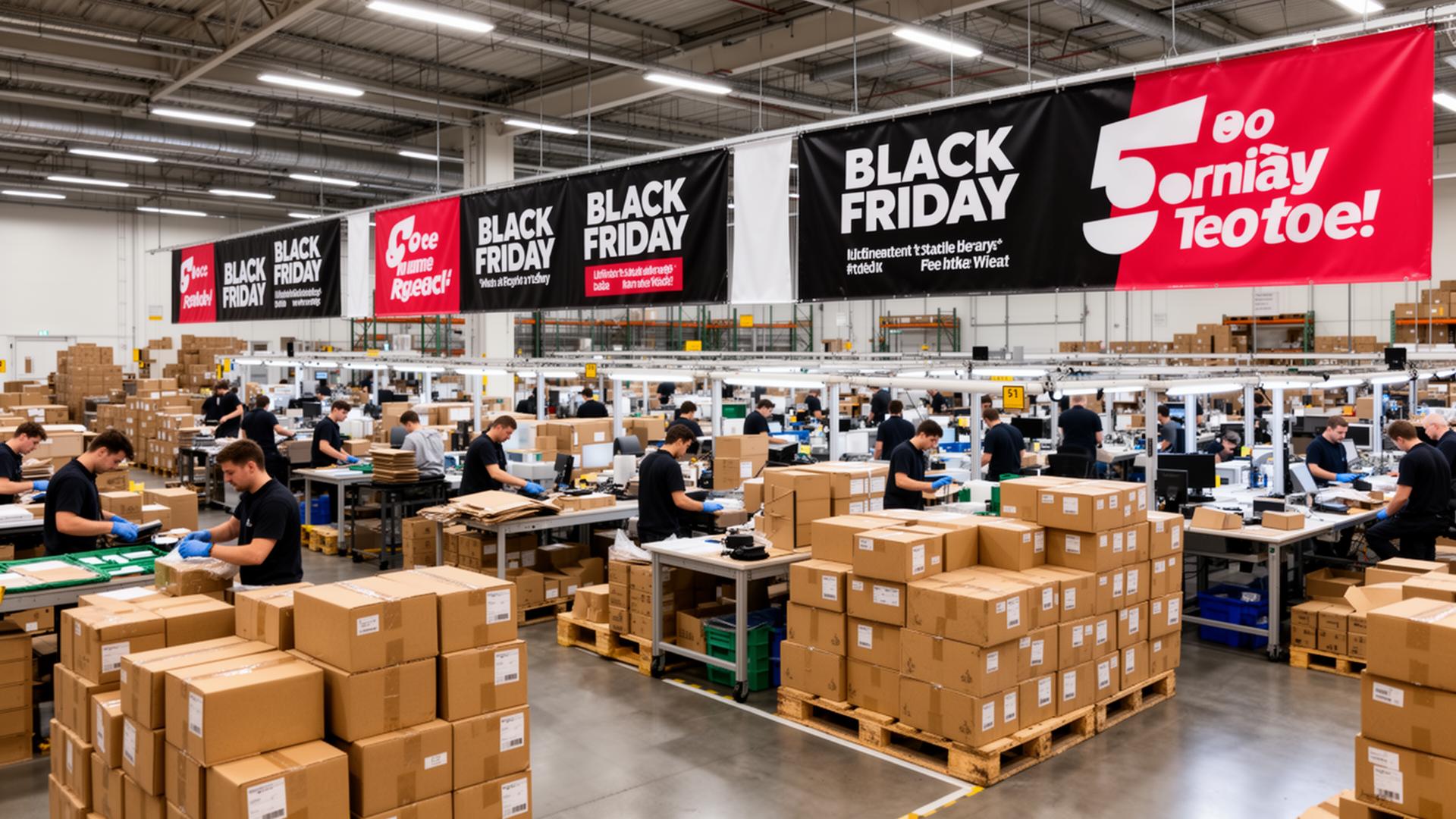 Fulfilment centre team preparing stock and packaging stations for Black Friday peak operations