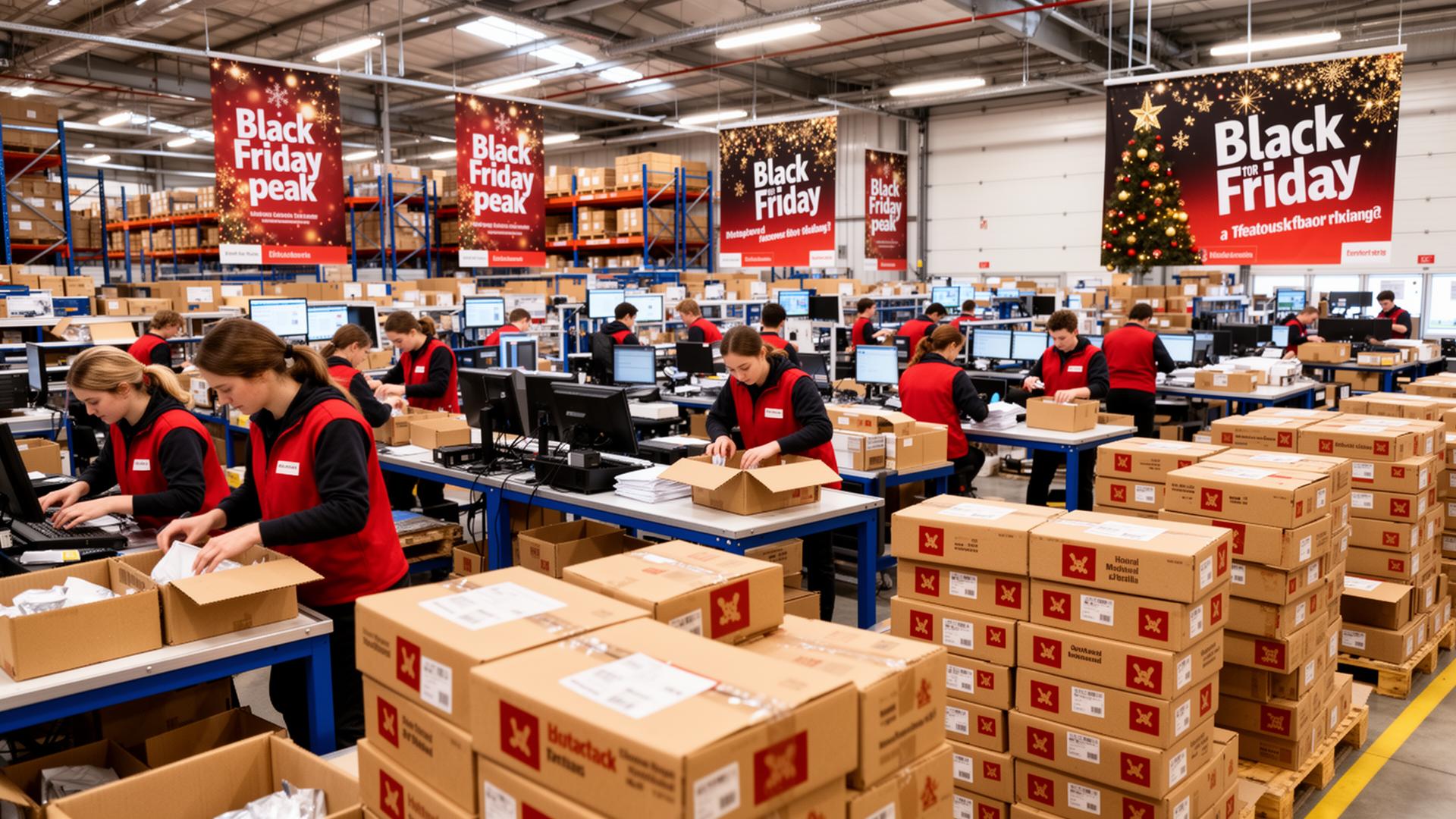 High-volume fulfilment operation during peak season with parcels stacked and workers dispatching orders