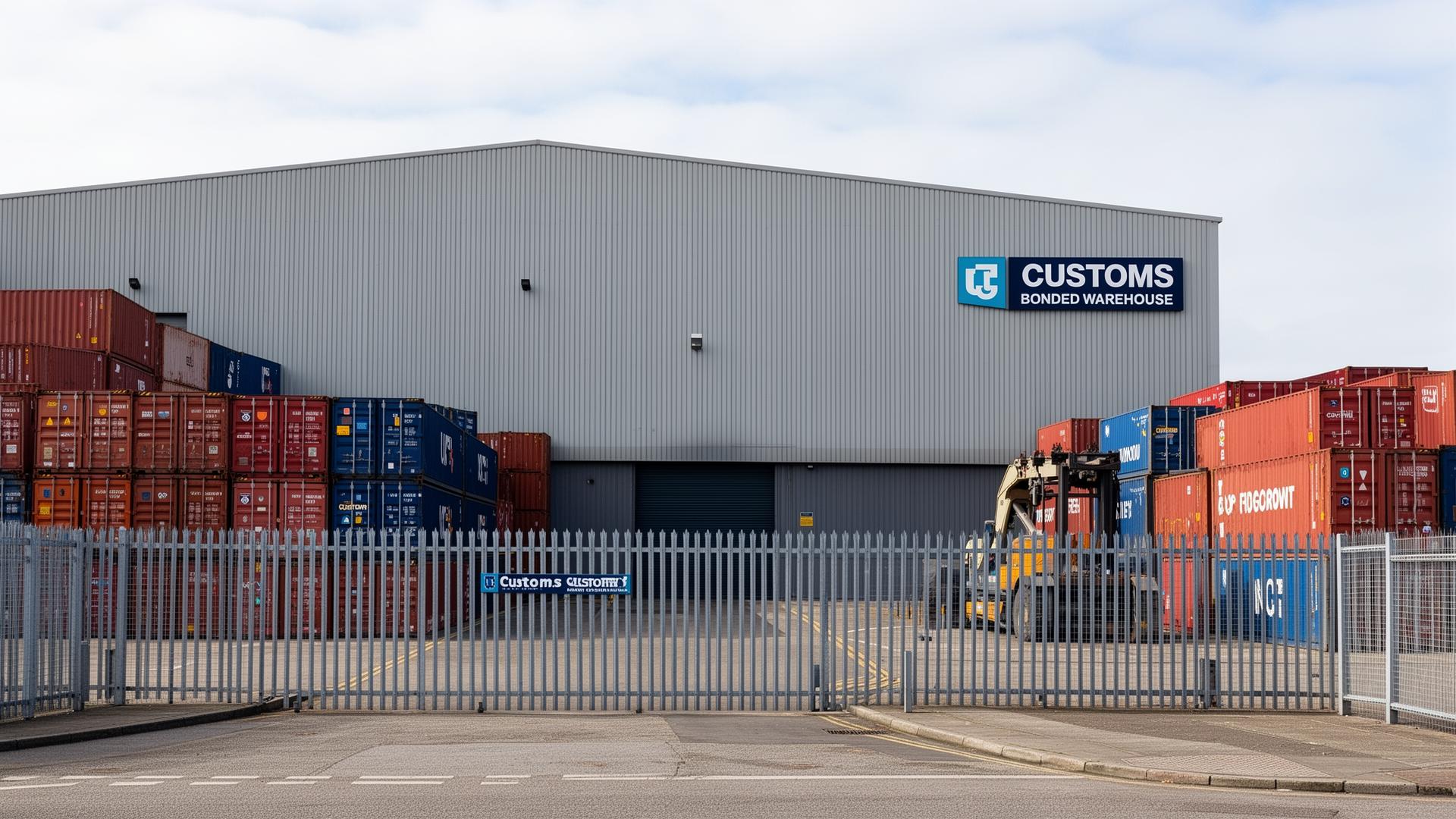 Secure bonded warehouse facility near a UK port with customs signage and stacked containers