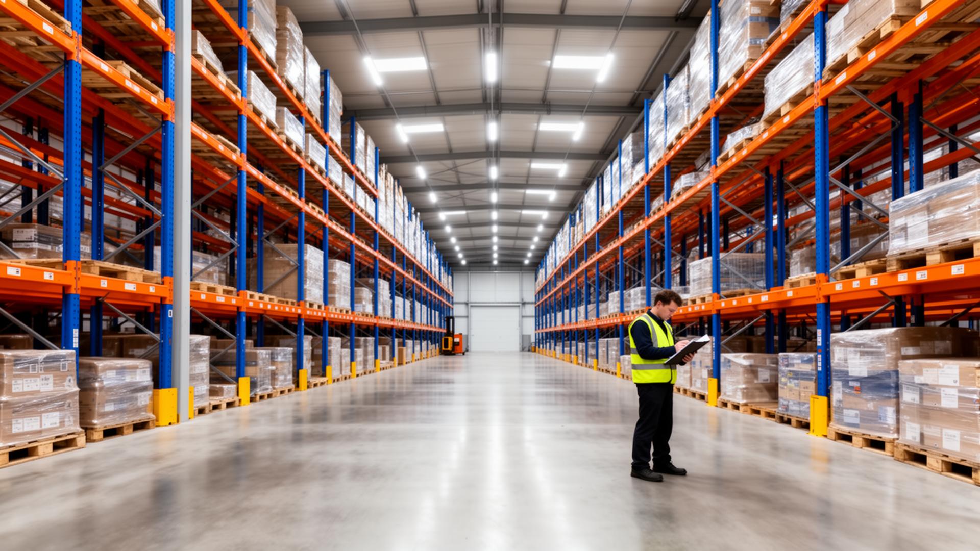 Warehouse worker inspecting stock in a UK pallet storage facility with tall racking