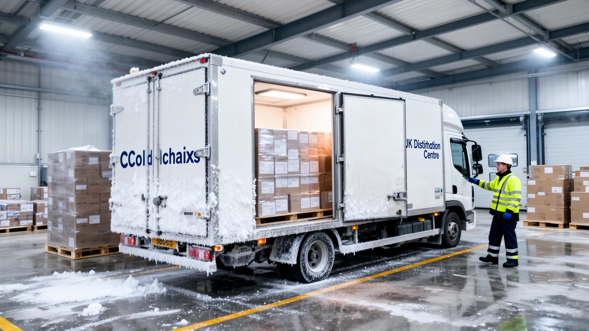 Refrigerated delivery truck being loaded with temperature-controlled goods at a UK distribution centre