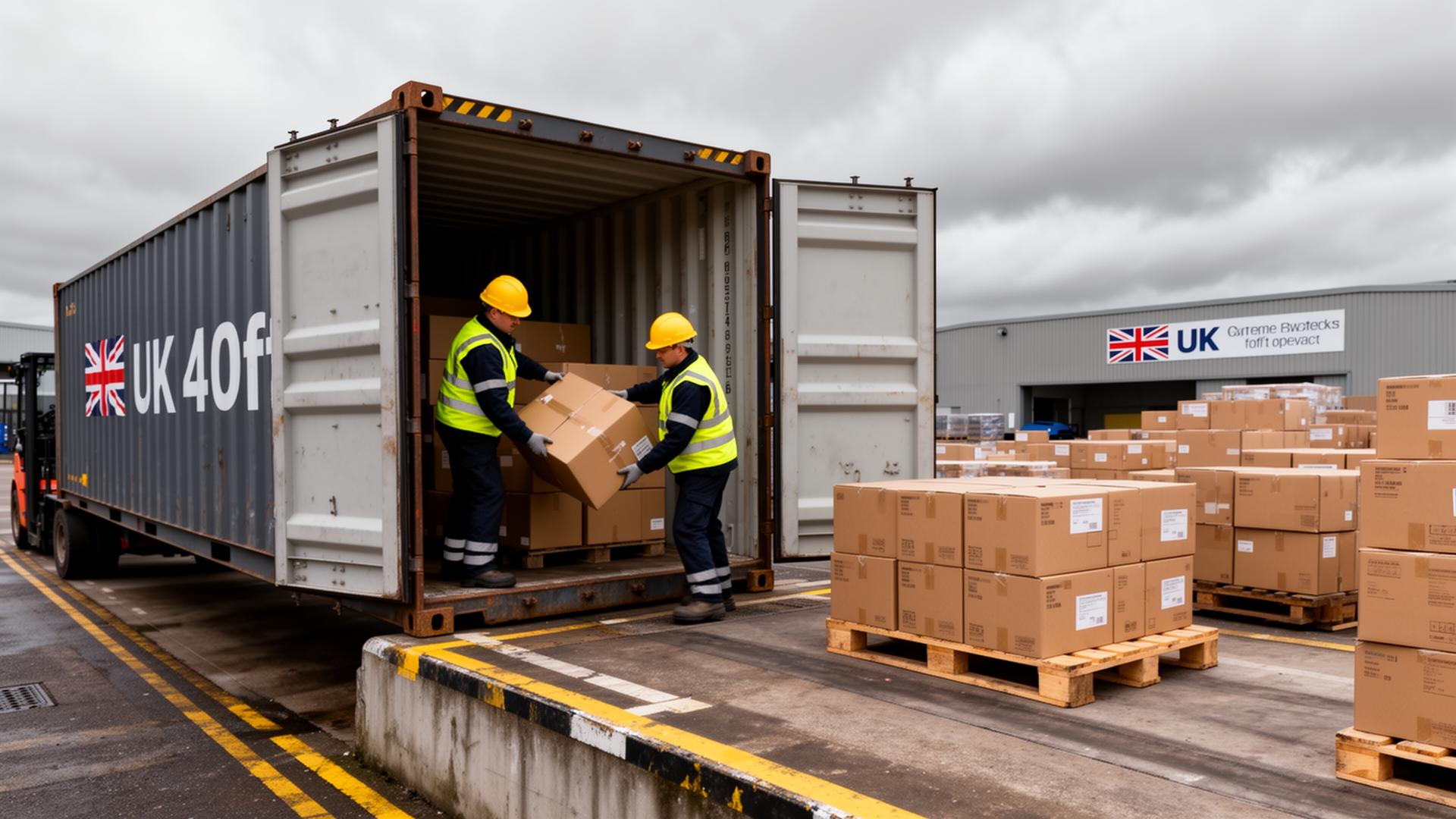 Workers unloading cartons from a shipping container at a UK warehouse loading dock