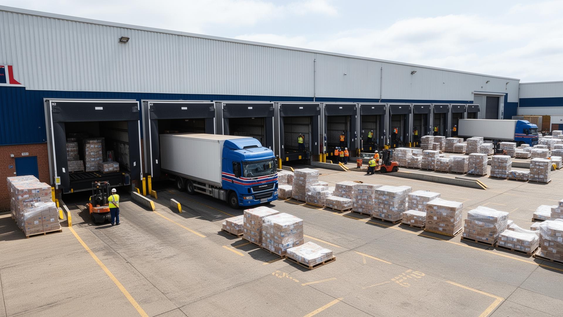 Busy loading dock with goods being transferred directly between trucks at a UK distribution centre