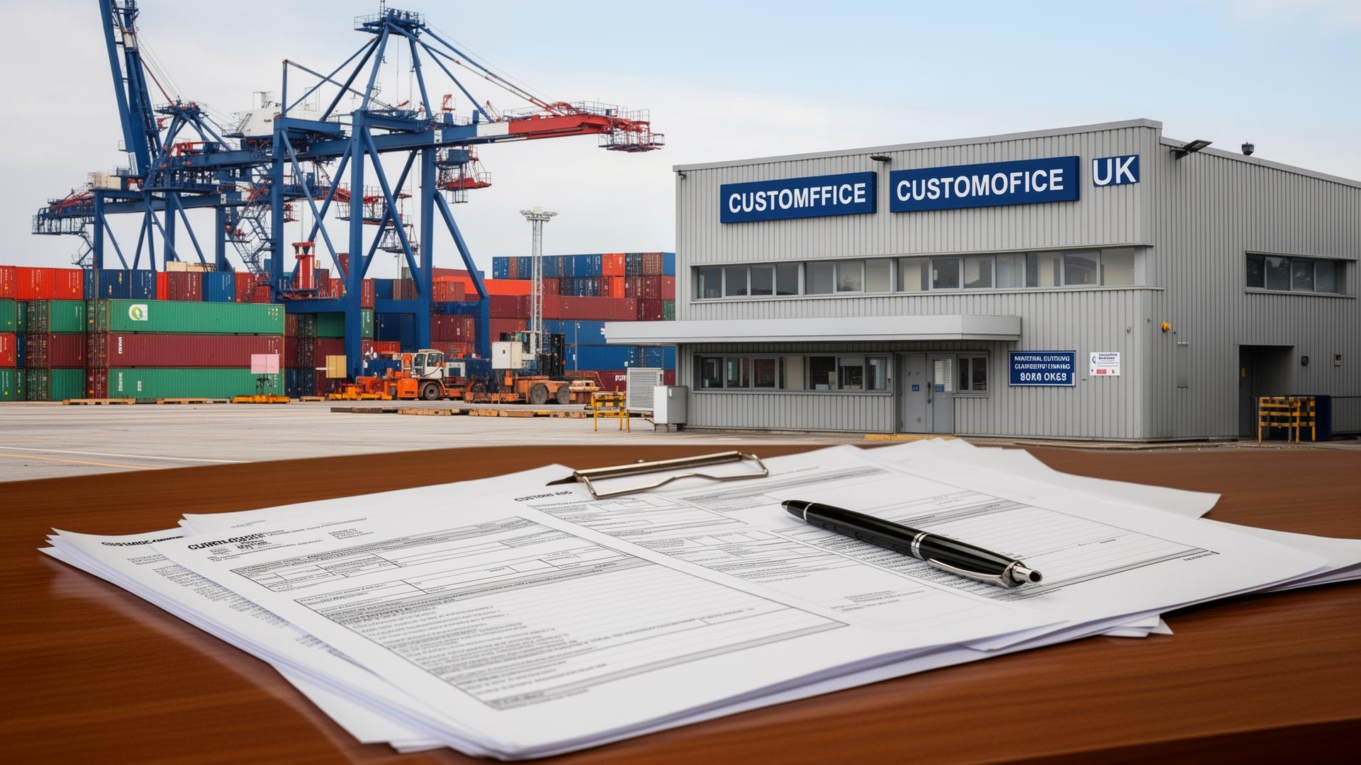 Container port with customs office and documentation being processed for UK import clearance