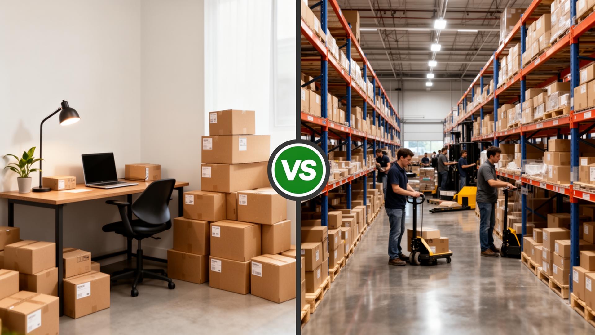 Split image showing dropshipping concept on one side and 3PL warehouse operations on the other