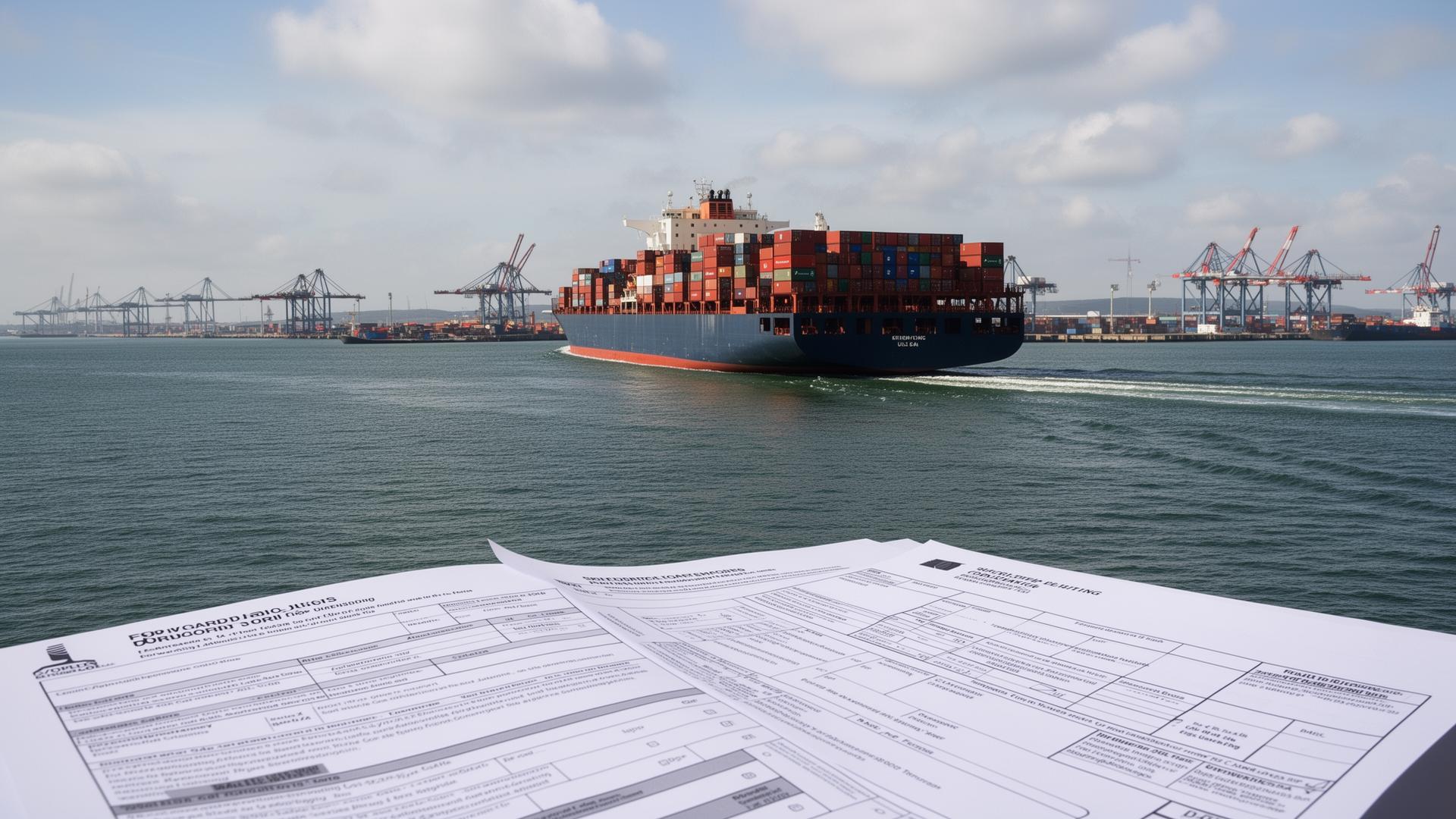 Container ship approaching a UK port with freight forwarding documentation in foreground