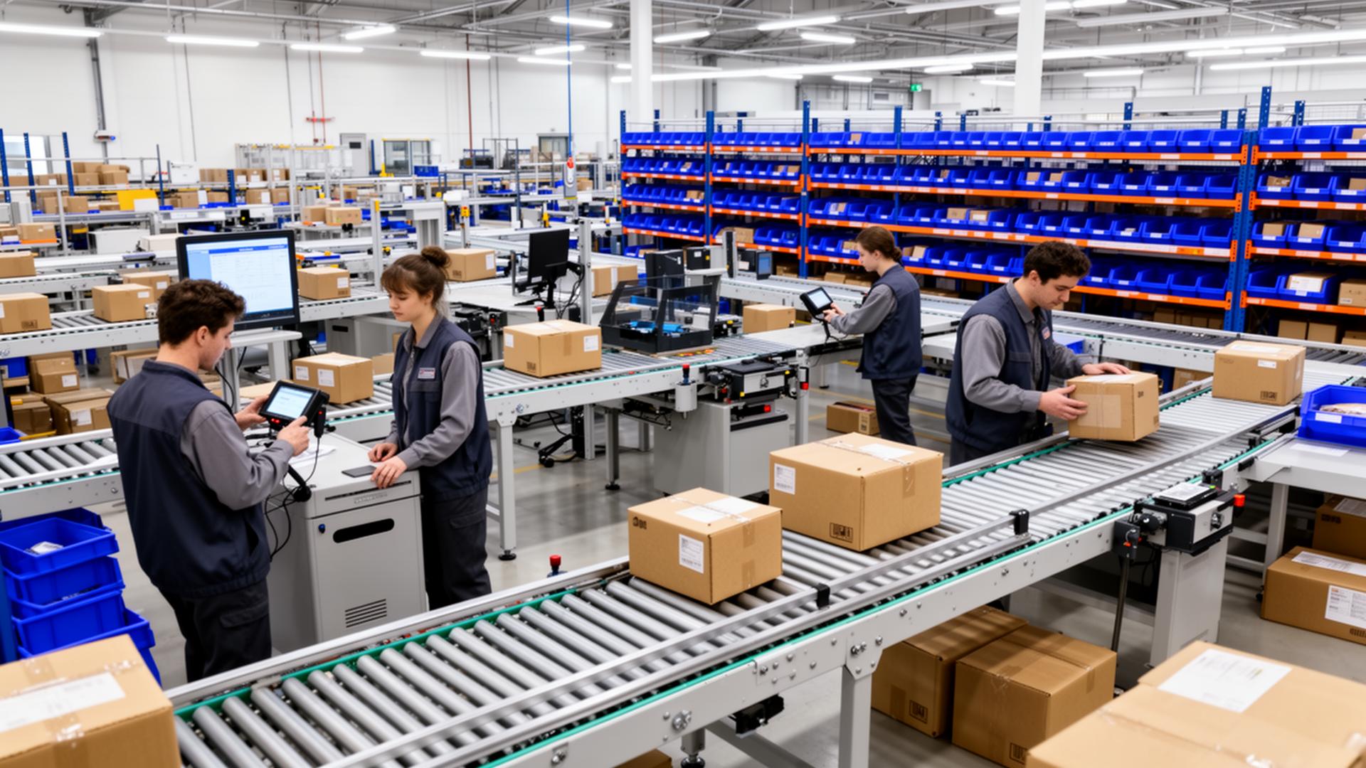 Modern UK fulfilment centre interior with pick stations and parcels ready for dispatch