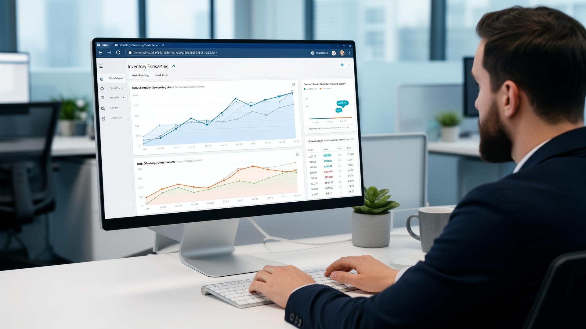 Data analyst reviewing inventory forecasting charts and stock level graphs on a computer screen