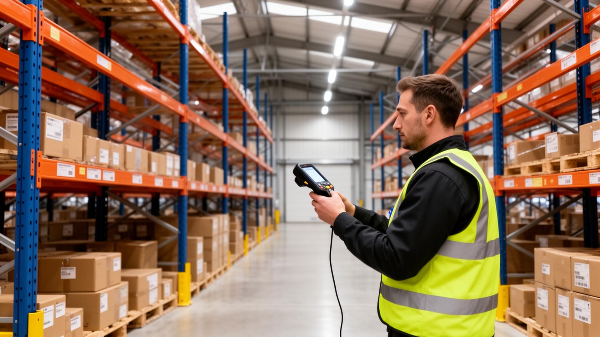 Warehouse worker scanning inventory with a handheld barcode device in a well-organised UK warehouse
