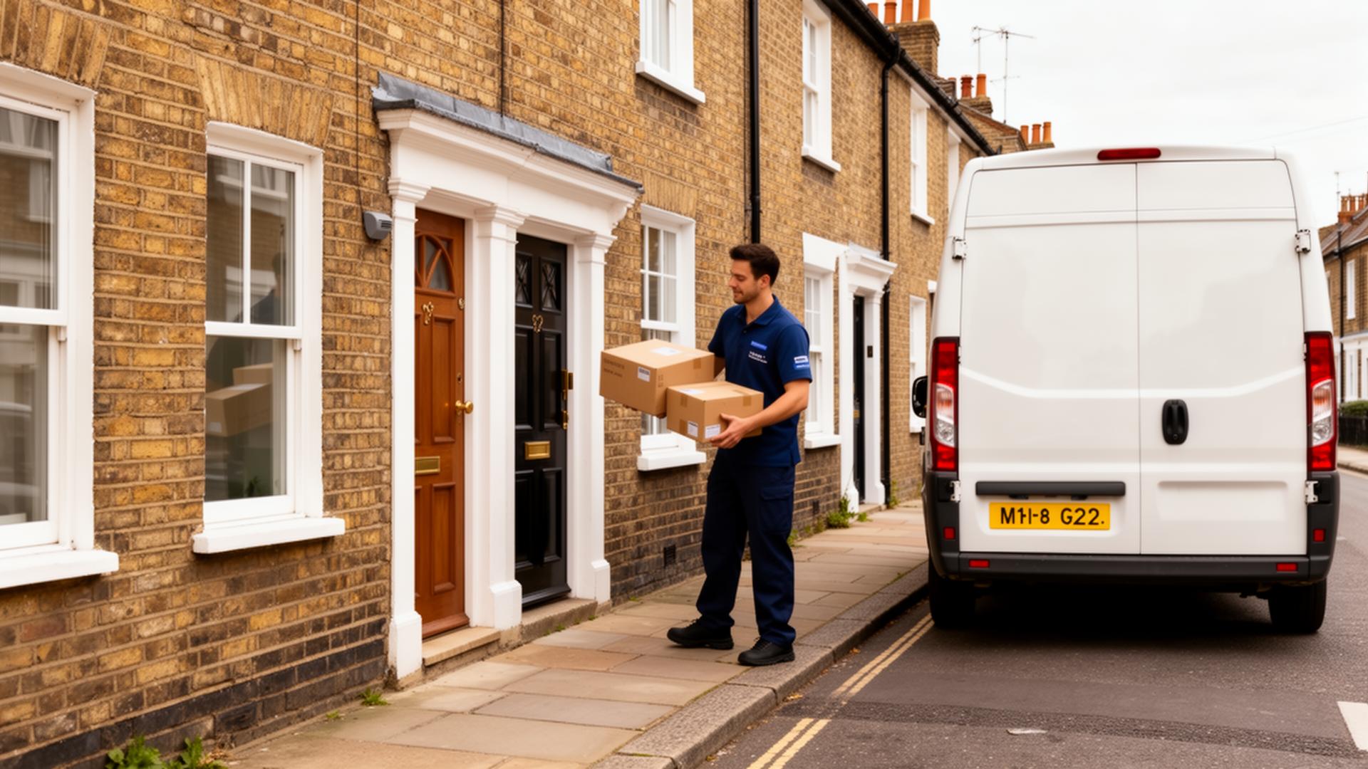 Delivery van on a residential UK street with a driver carrying parcels to a doorstep