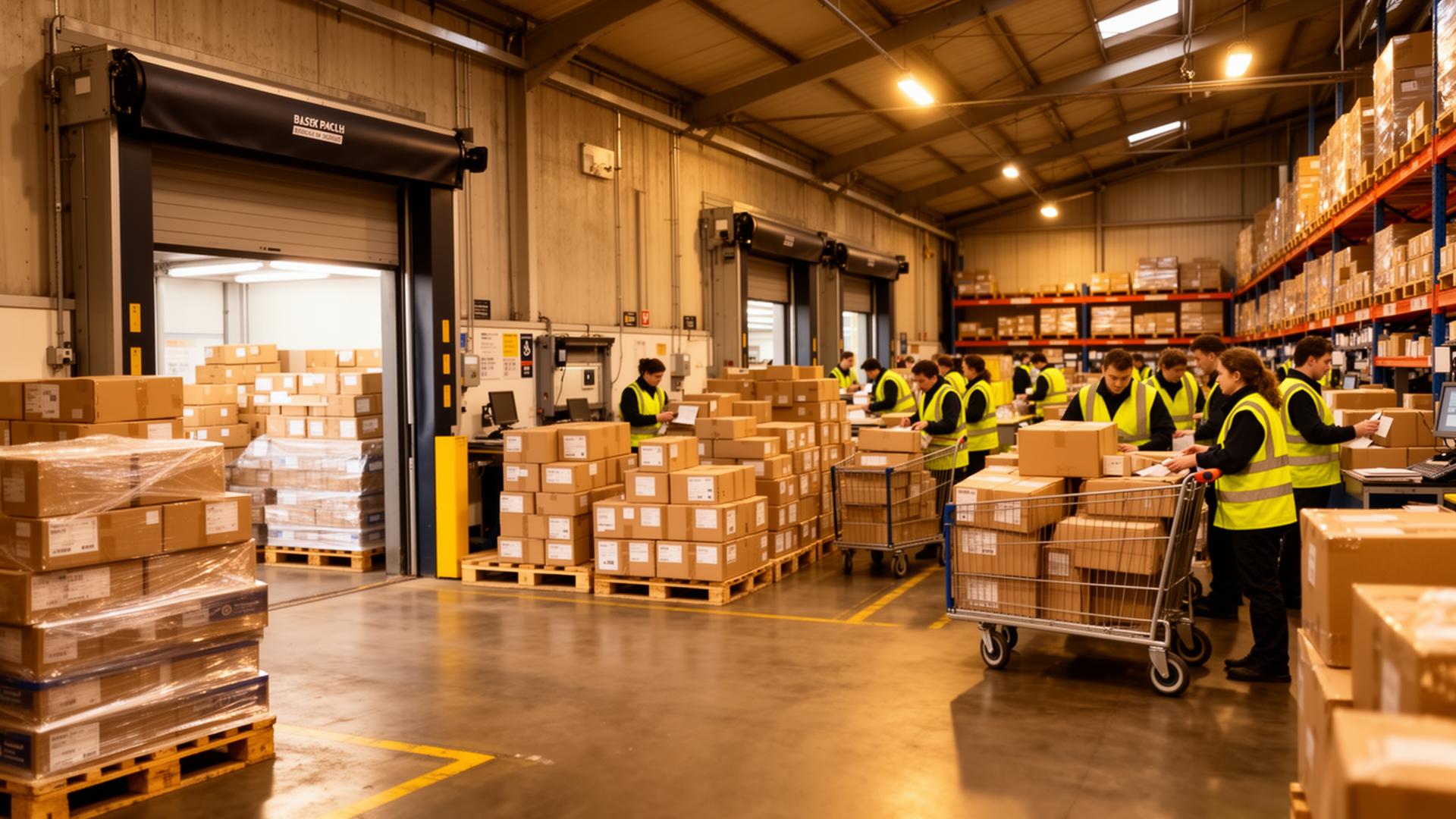 Busy UK warehouse during peak season with extra pallets and staff processing high volumes