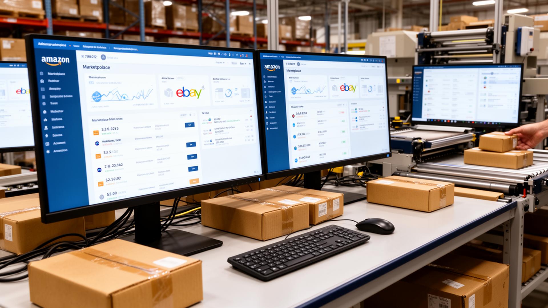 Fulfilment centre workstation with multiple marketplace orders being processed simultaneously