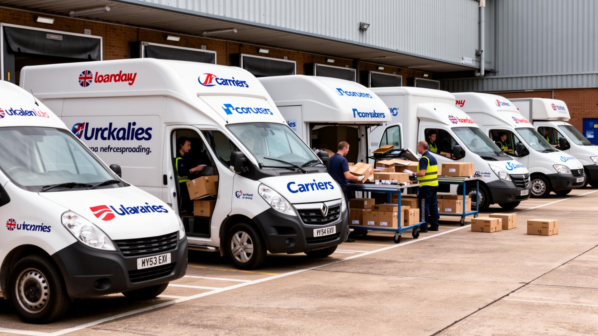 Multiple branded carrier vans parked at a UK fulfilment centre loading dock