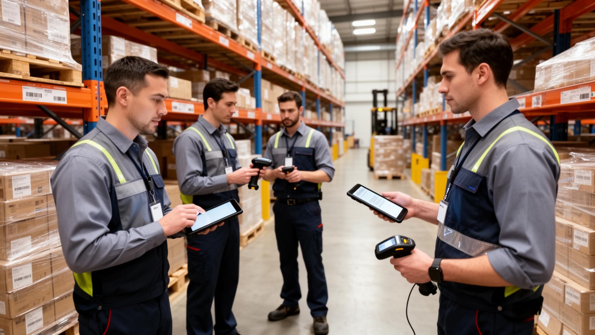 Warehouse team conducting a thorough inventory count with tablets and barcode scanners
