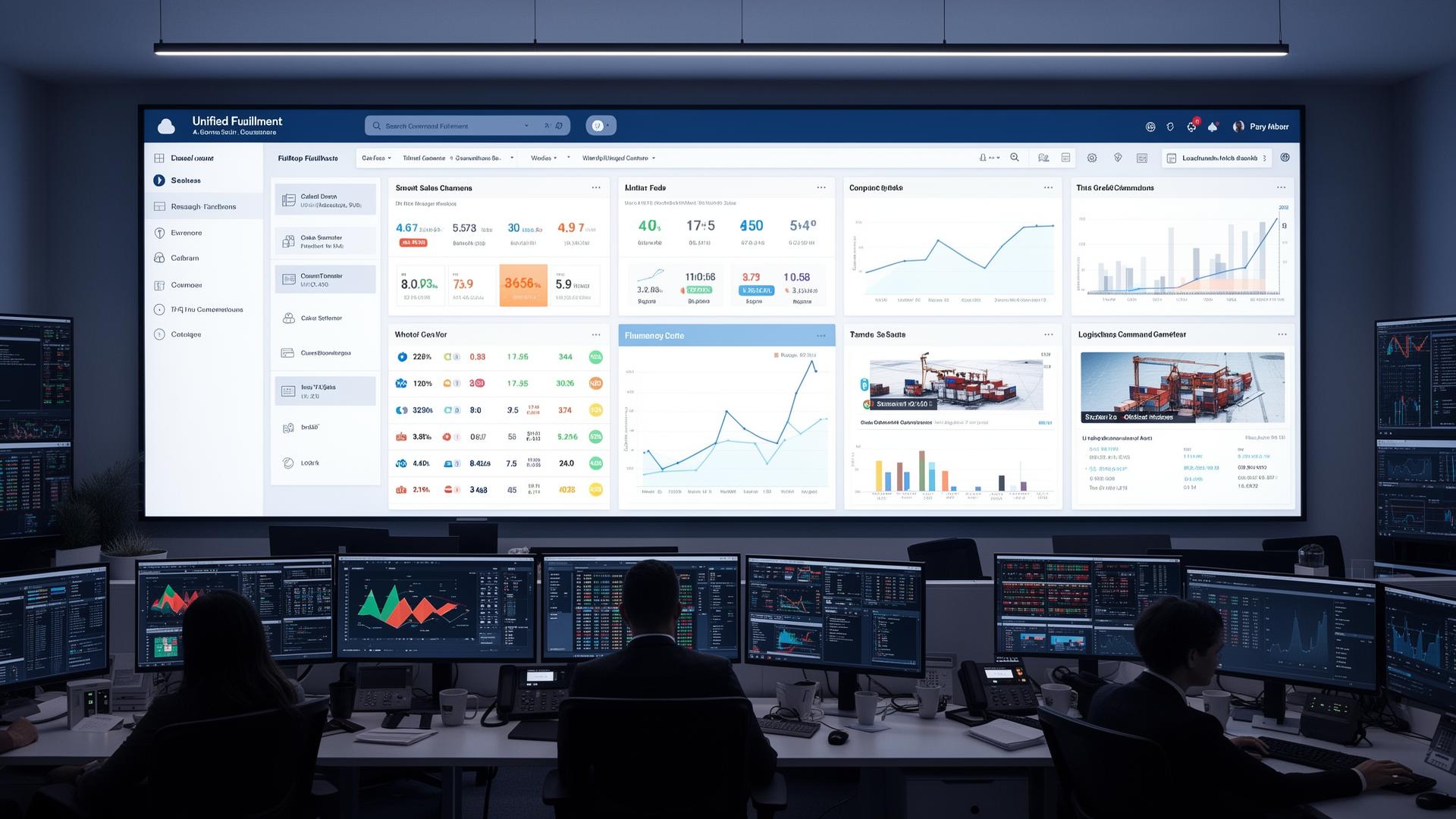 Modern control room showing unified fulfilment dashboard with multiple sales channel feeds