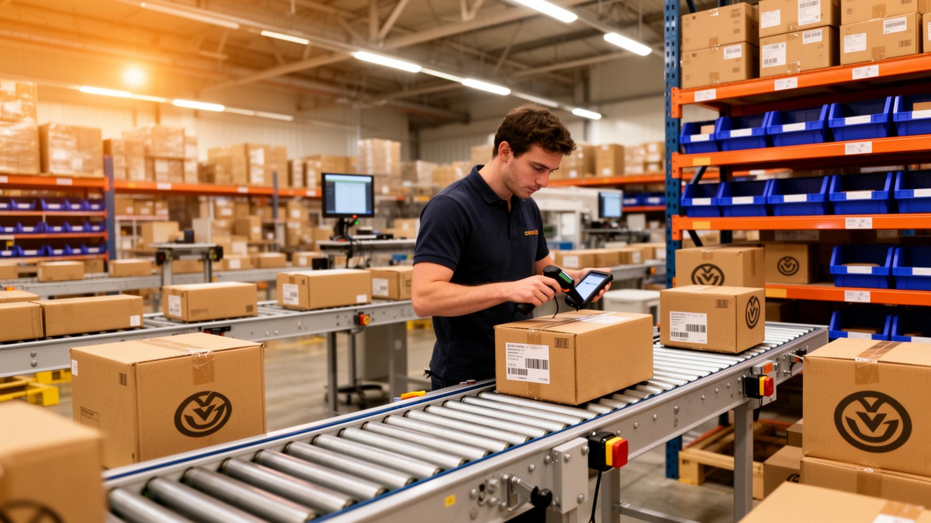 Fulfilment centre worker scanning parcels on a conveyor belt