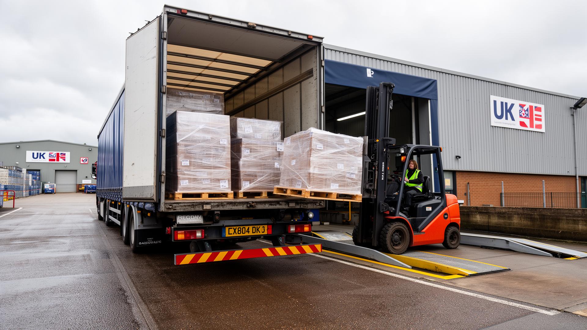 Wrapped pallets being loaded onto a delivery vehicle at a UK warehouse dock