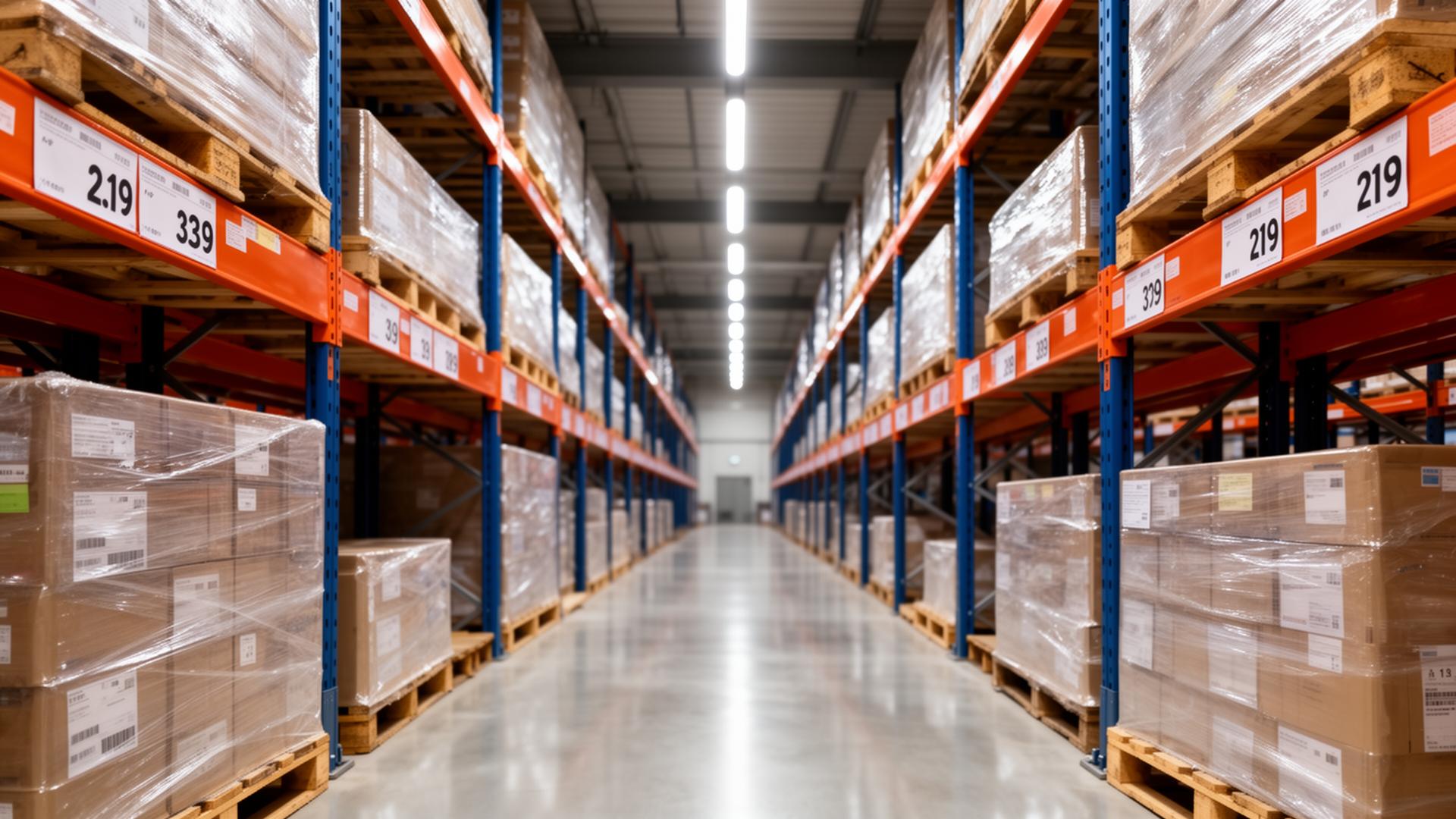 Long aisle view of pallet racking with inventory labels and pricing tags in a UK warehouse