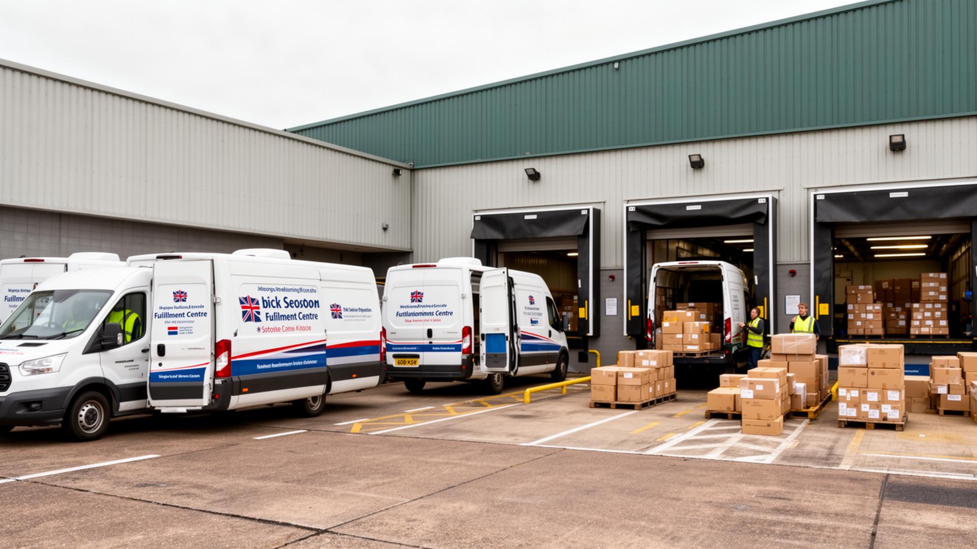 Multiple delivery vans queued at a busy UK fulfilment centre loading dock during peak season