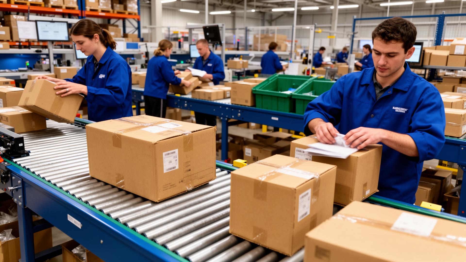 Warehouse team processing returned parcels on a conveyor belt in a UK fulfilment centre