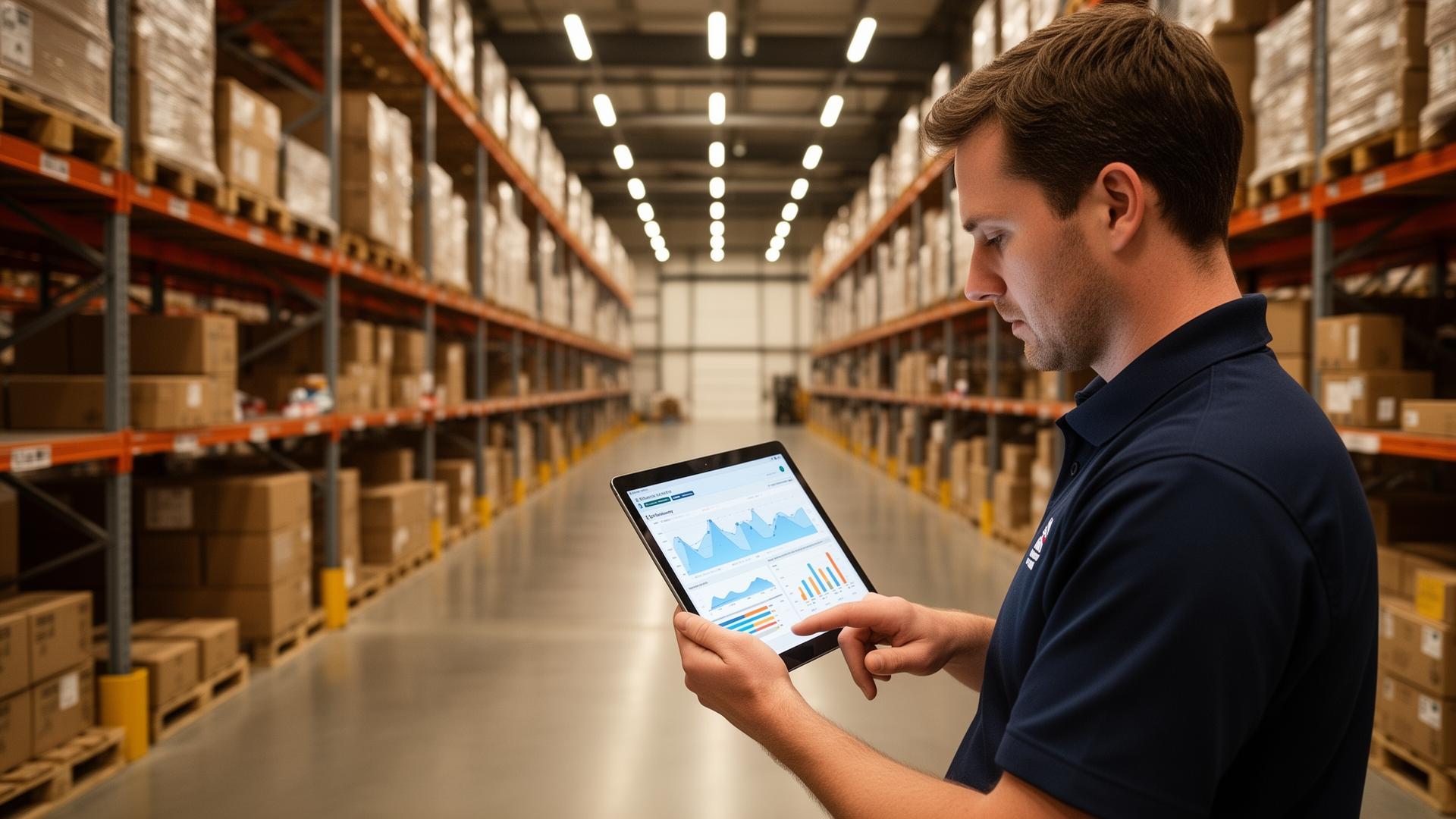 Warehouse manager reviewing efficiency metrics on a tablet in a modern UK storage facility