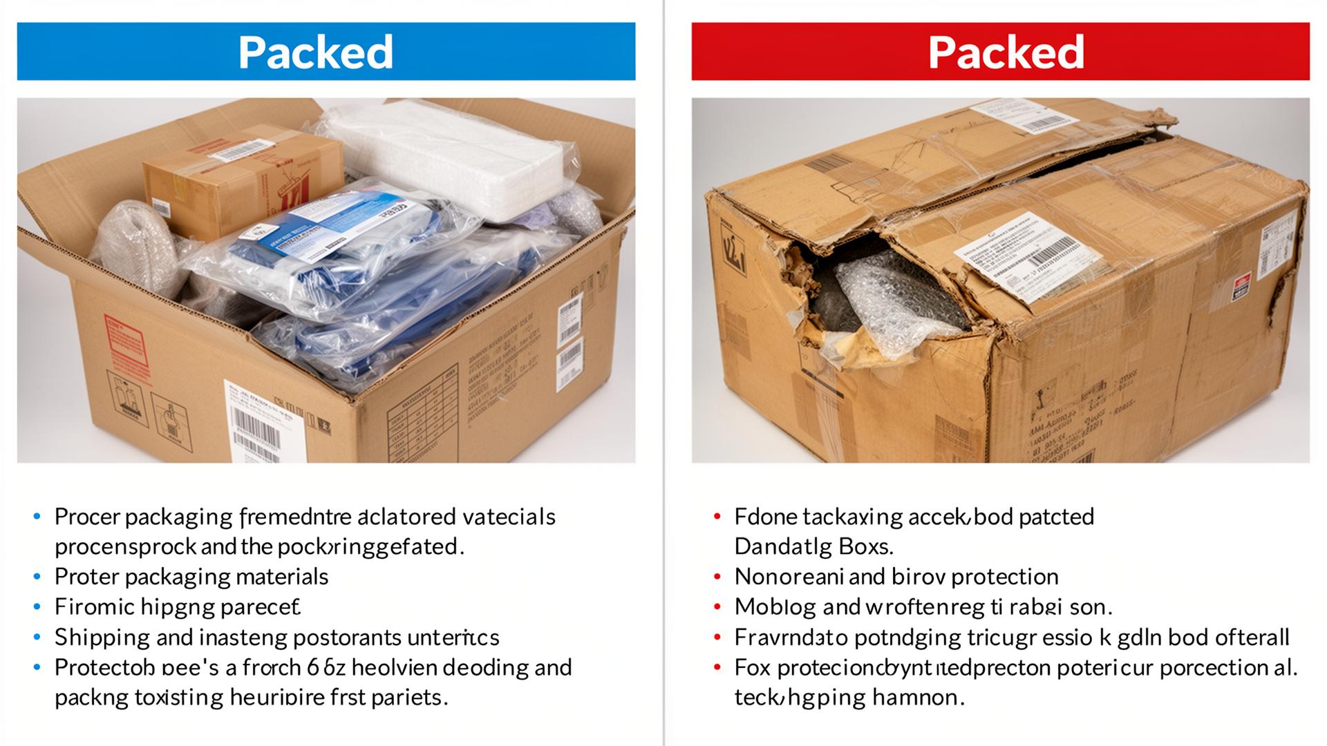 Comparison of well-packed and poorly packed parcels showing the importance of proper packaging