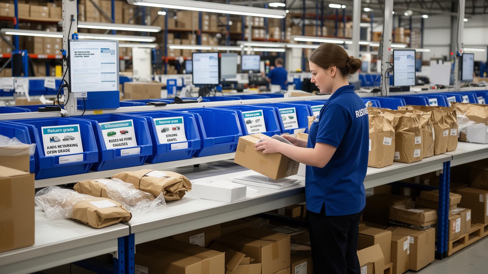 Returns processing station in a UK fulfilment centre with items being inspected and sorted