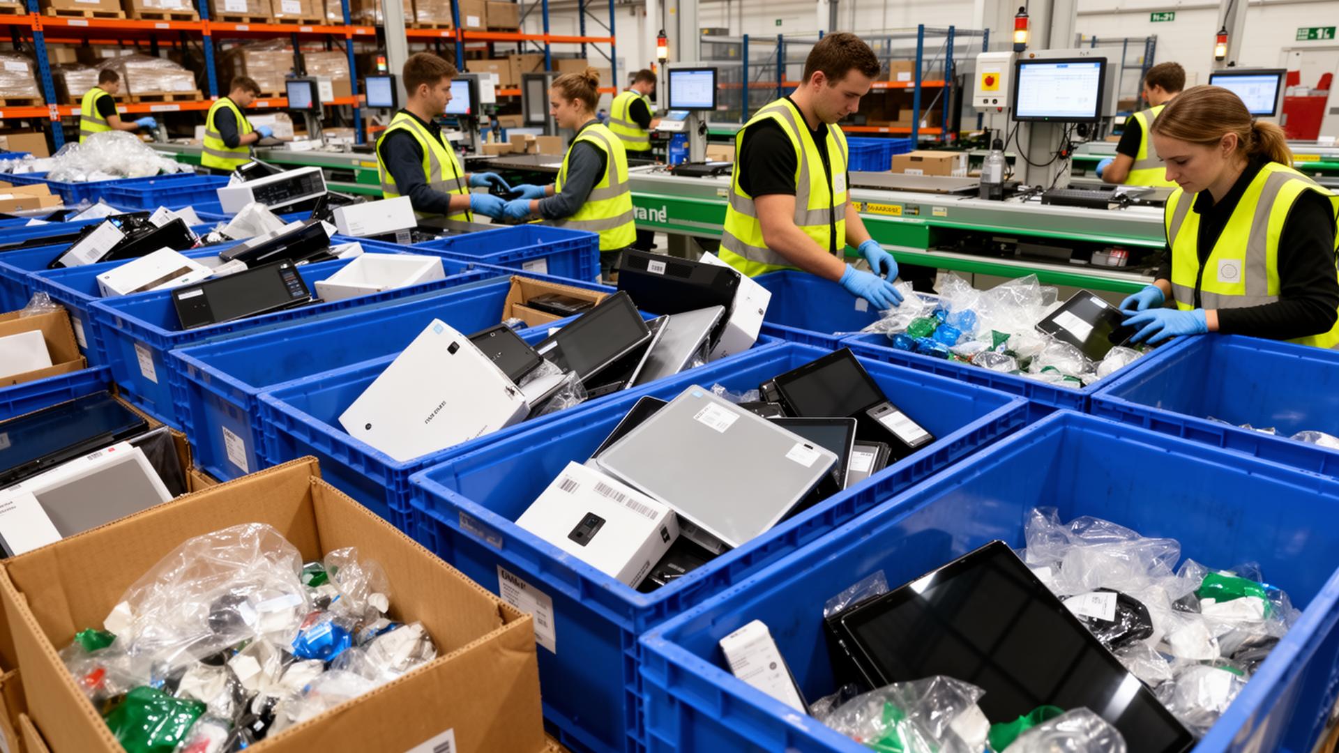 Returned products being sorted for refurbishment and recycling in a UK warehouse