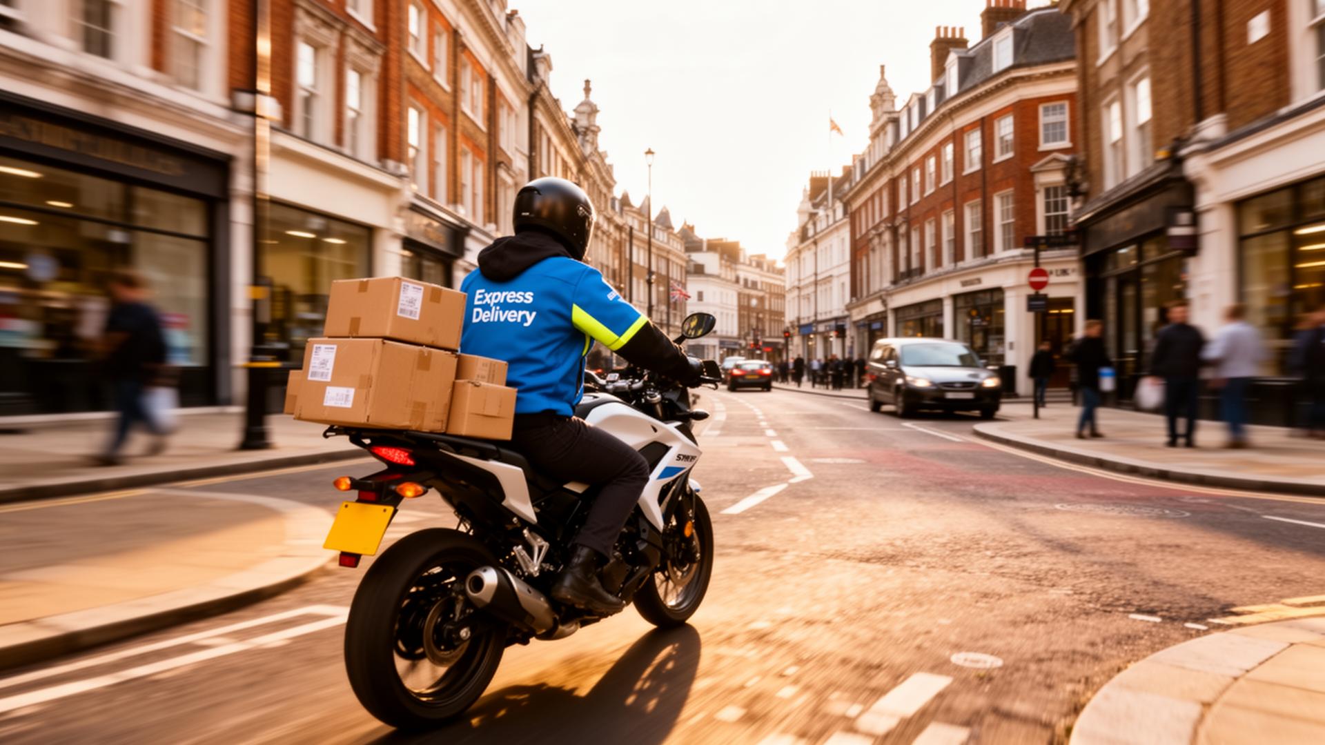 Express delivery courier on a motorcycle navigating through a UK city centre