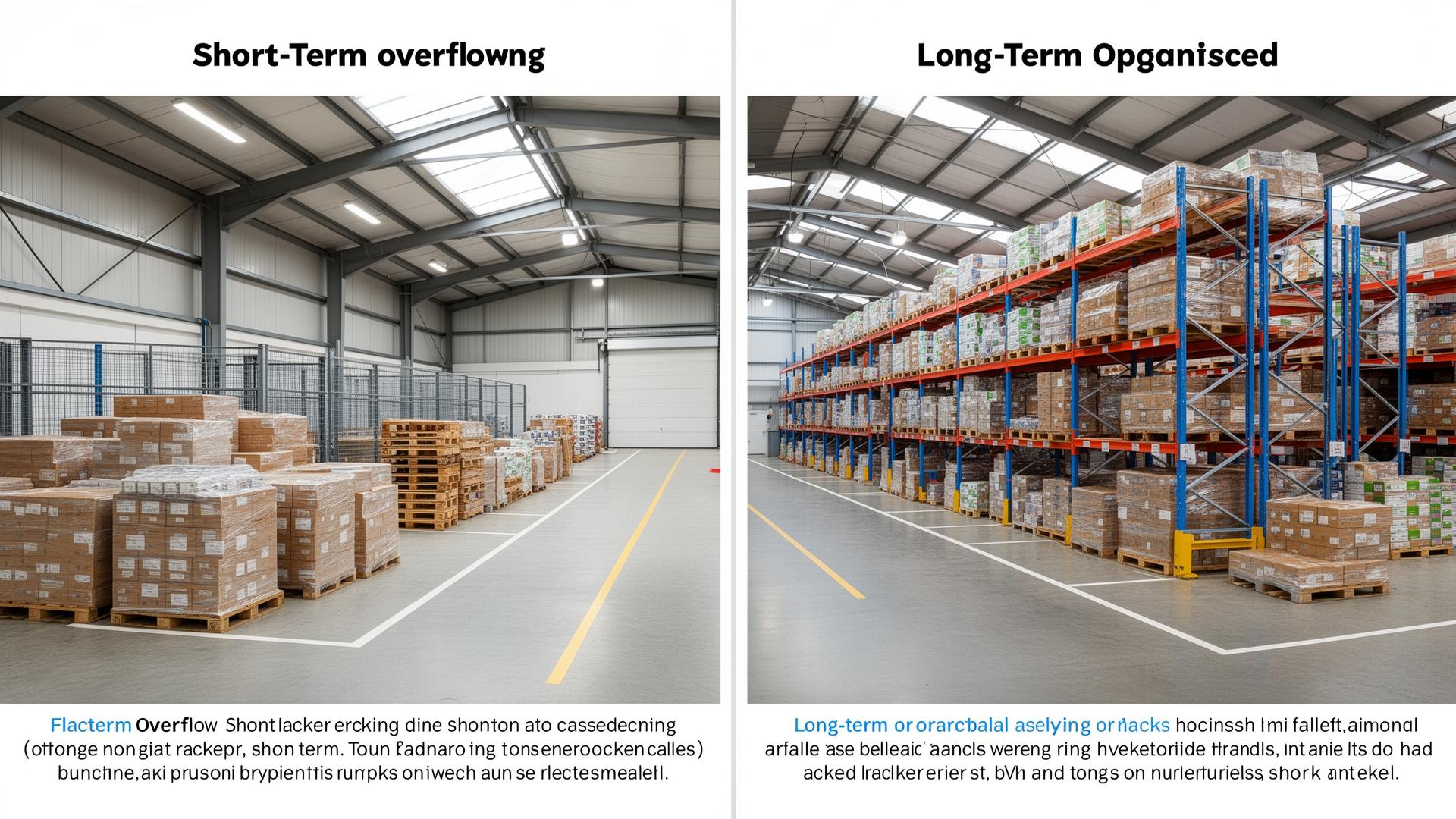 Comparison of short-term overflow storage and long-term organised pallet racking in a UK warehouse