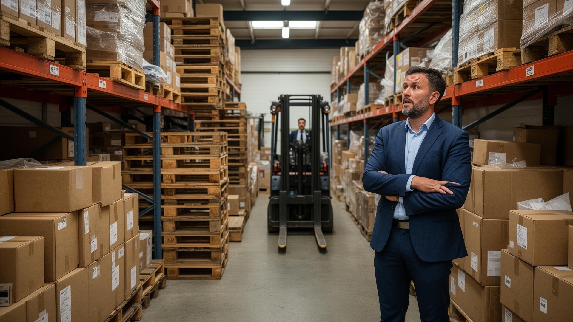 Business owner assessing an overcrowded warehouse with boxes blocking aisles