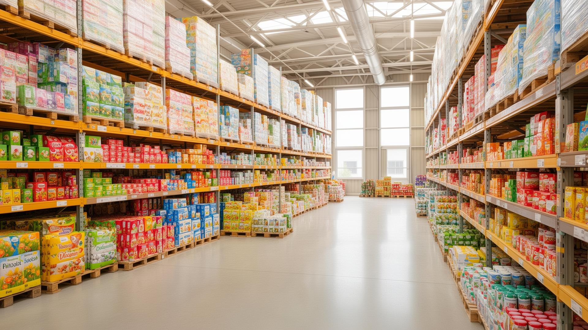 Bright warehouse with seasonal products being organised on shelving for spring inventory