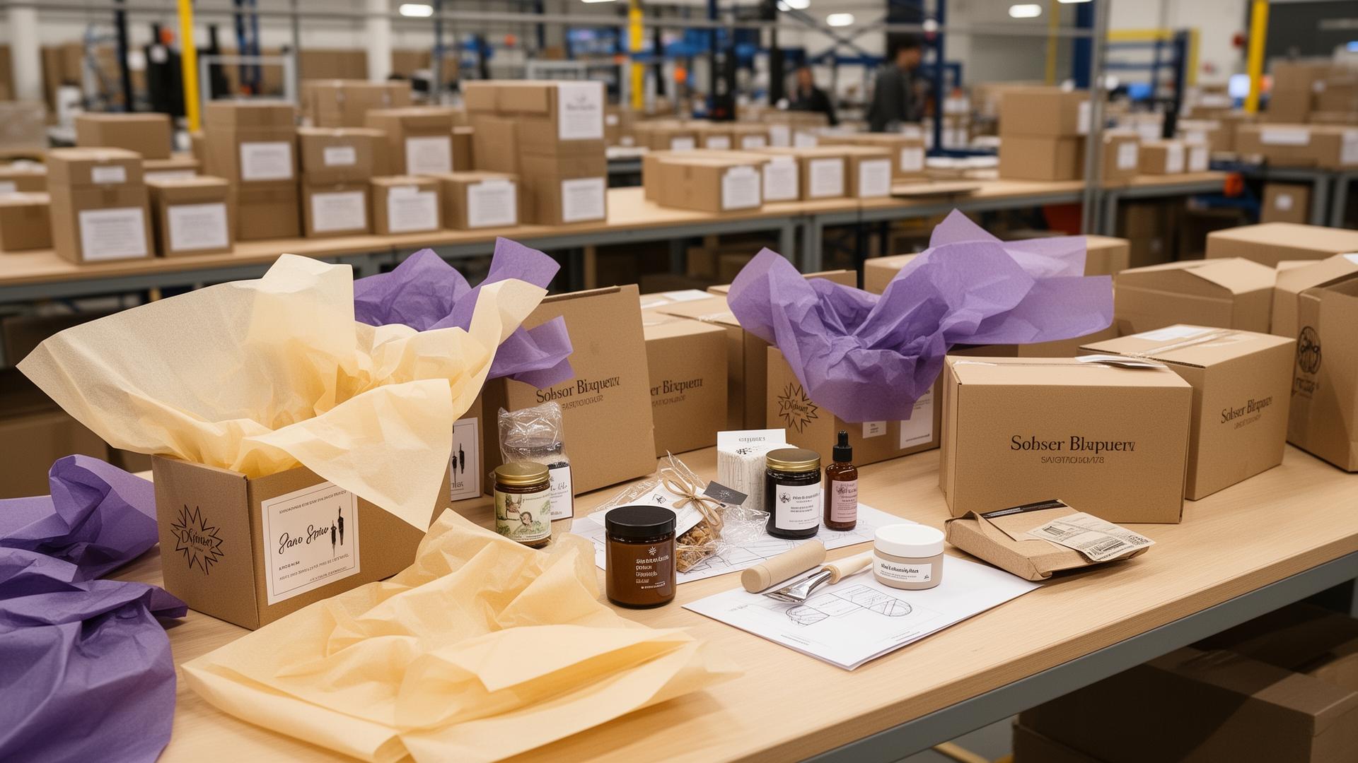 Beautifully presented subscription boxes being assembled with curated products in a fulfilment centre