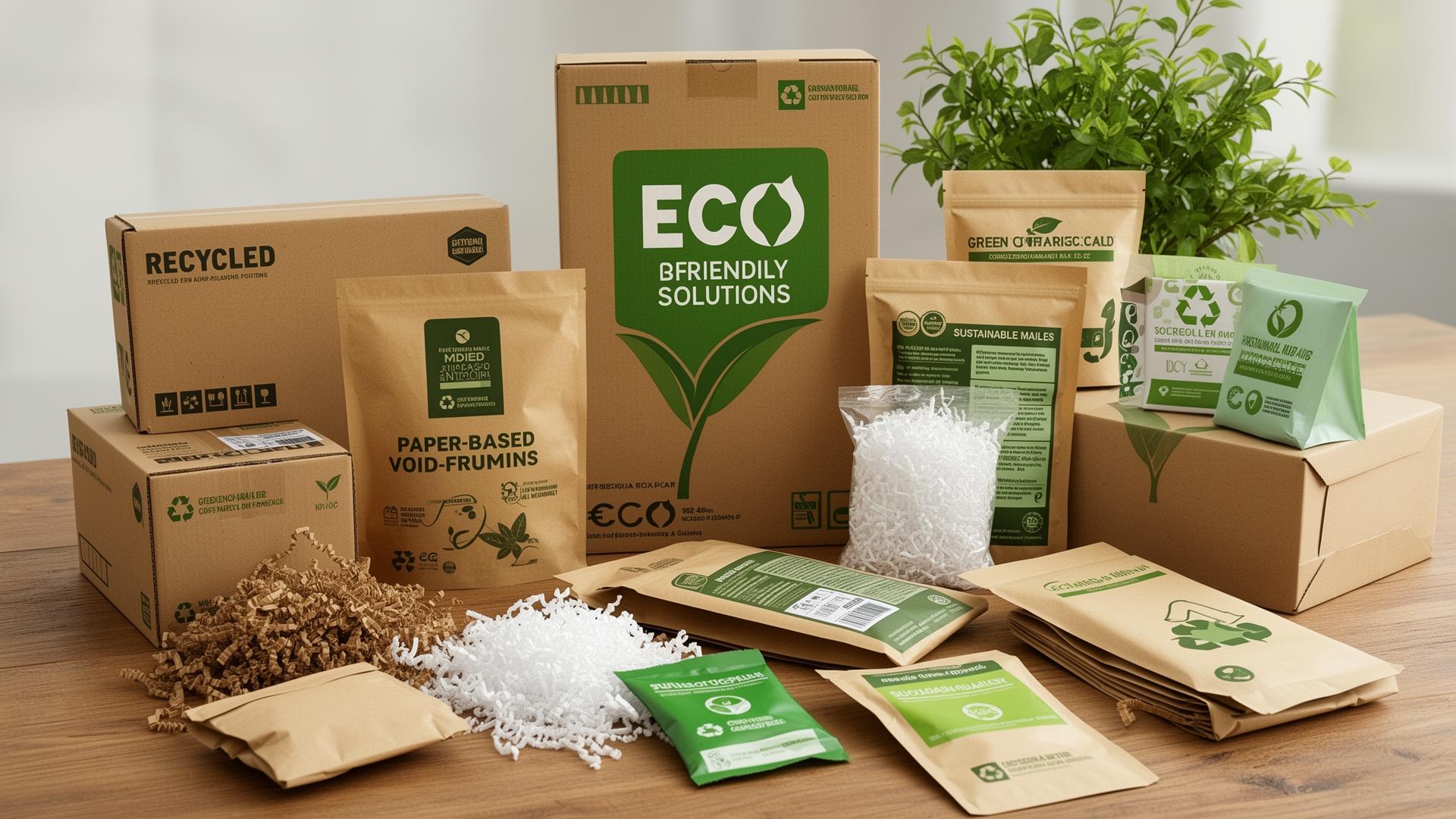 Eco-friendly packaging materials including recycled cardboard boxes and paper-based void fill