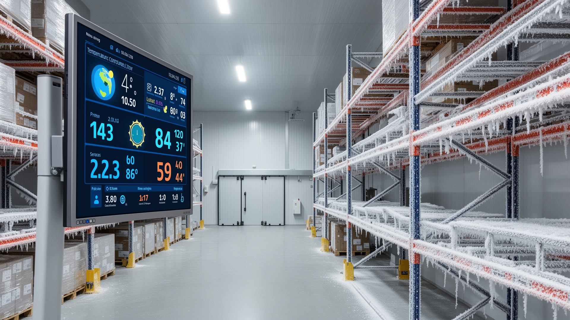 Temperature-controlled warehouse interior with climate monitoring equipment and stored goods