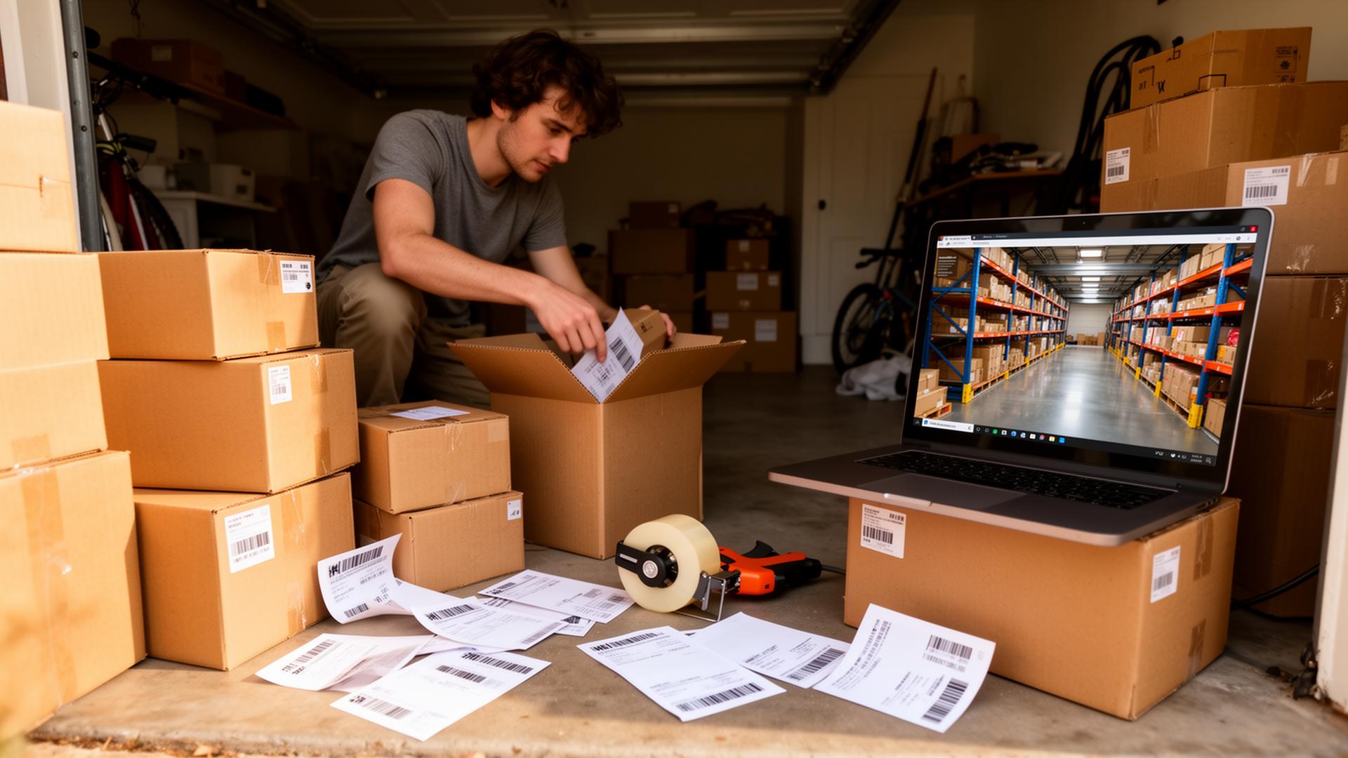 Ecommerce business owner packing orders in a garage with a professional warehouse on a laptop screen