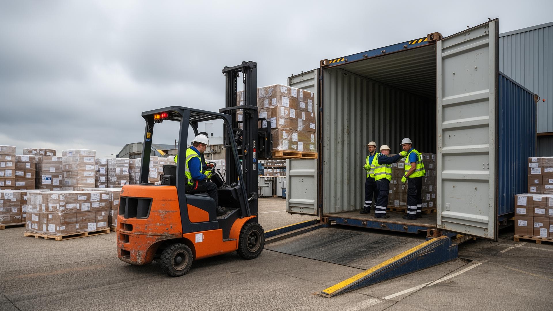 Forklift unloading pallets from a shipping container at a UK warehouse dock