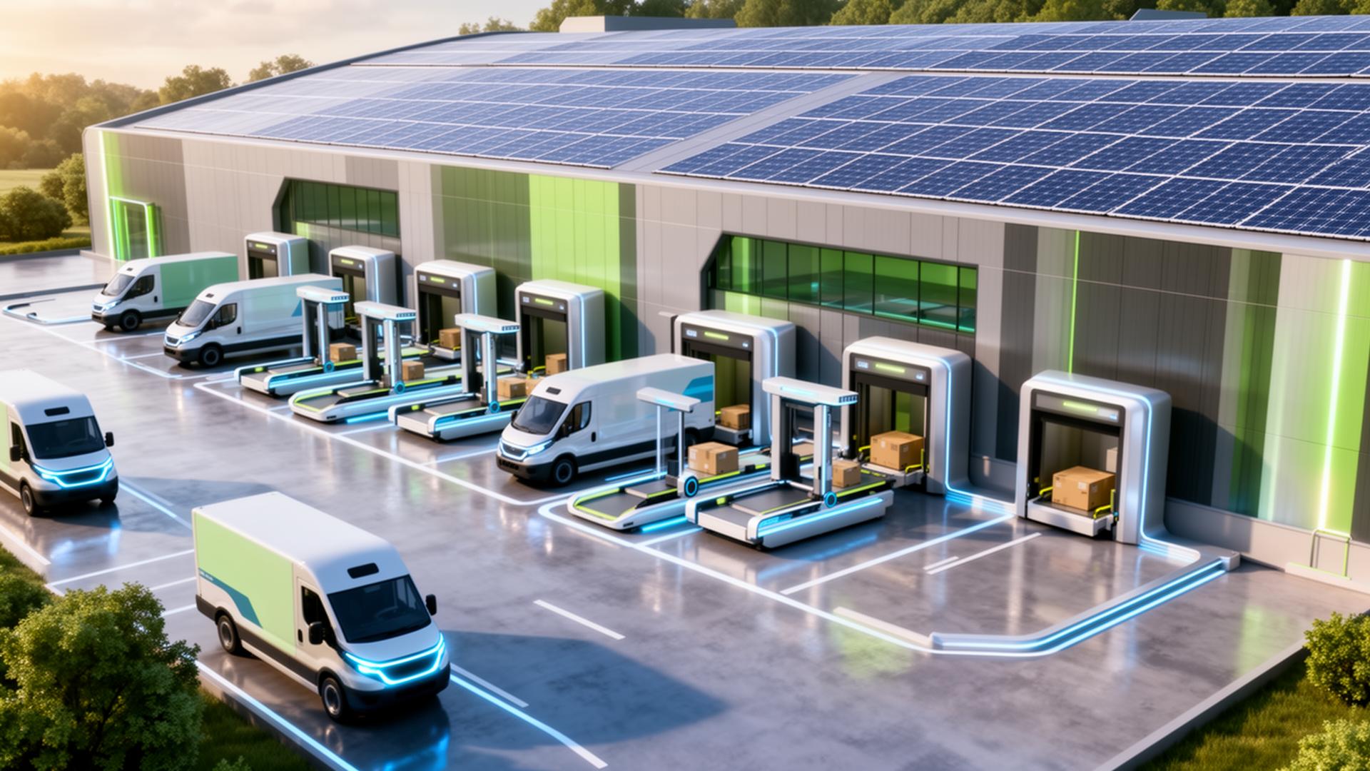 Futuristic UK logistics hub with electric vehicles, drones, and automated systems