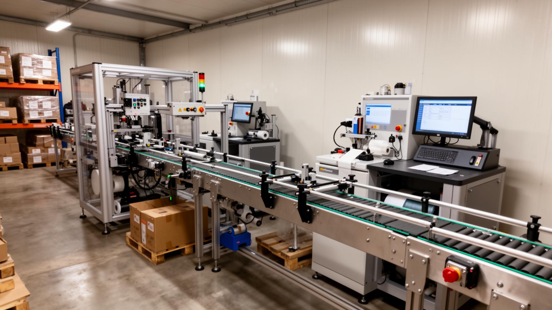 Small warehouse with conveyor belt system and automated labelling equipment