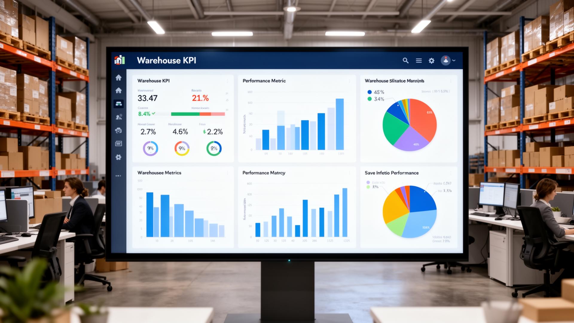 Dashboard screen showing warehouse performance metrics and KPI charts in a modern office