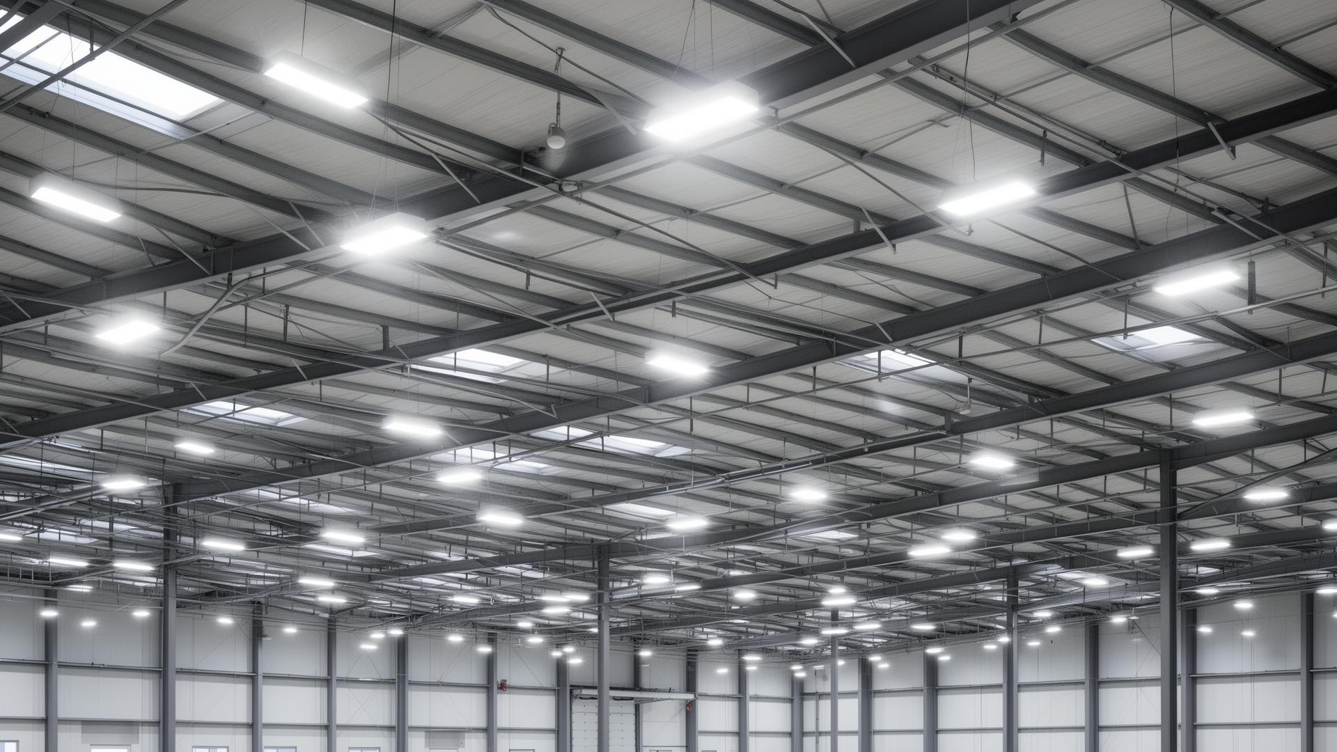 Modern LED lighting system illuminating a large UK warehouse with energy-efficient fixtures