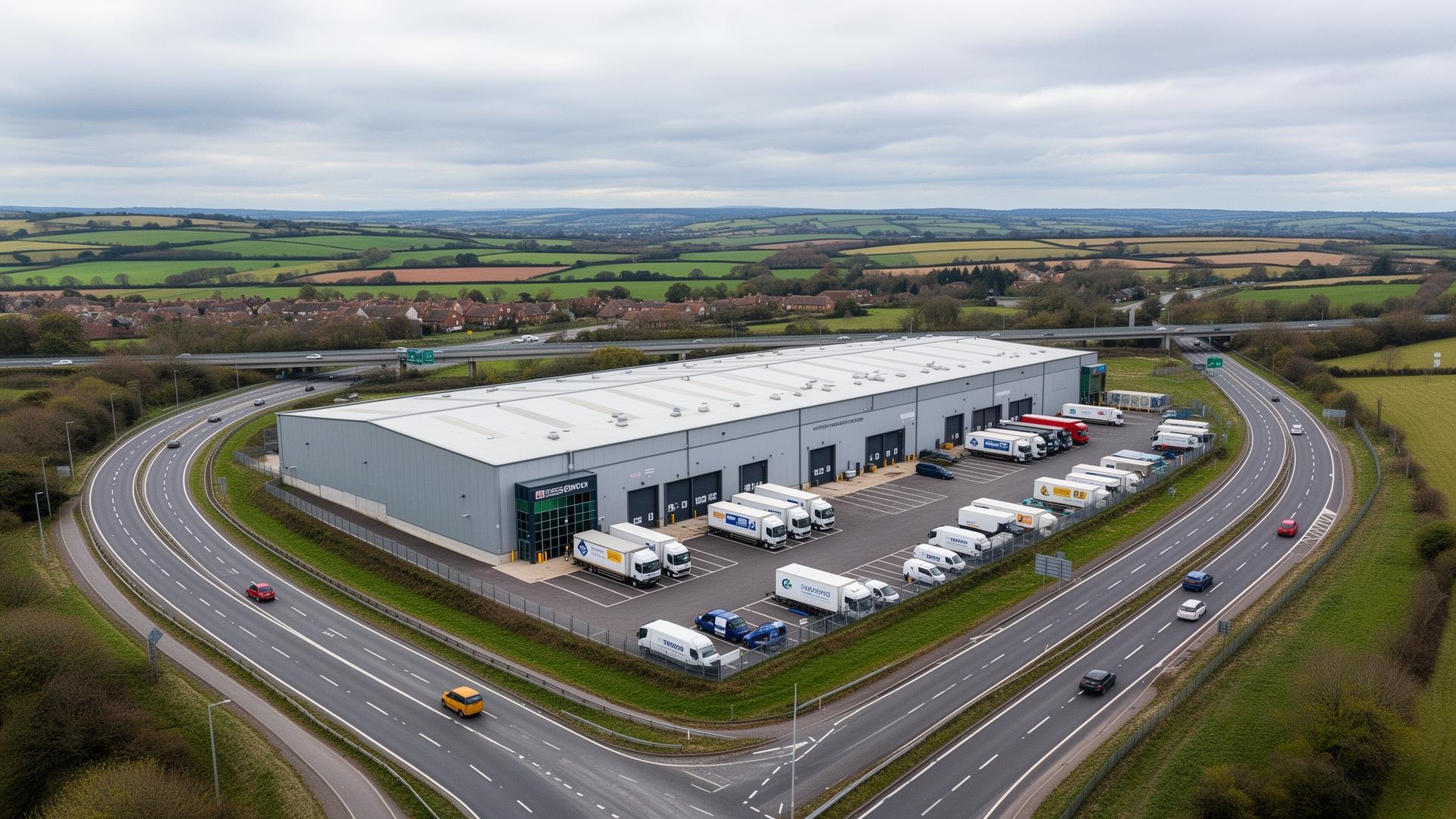 Aerial view of a UK warehouse facility near a motorway junction with delivery vans departing
