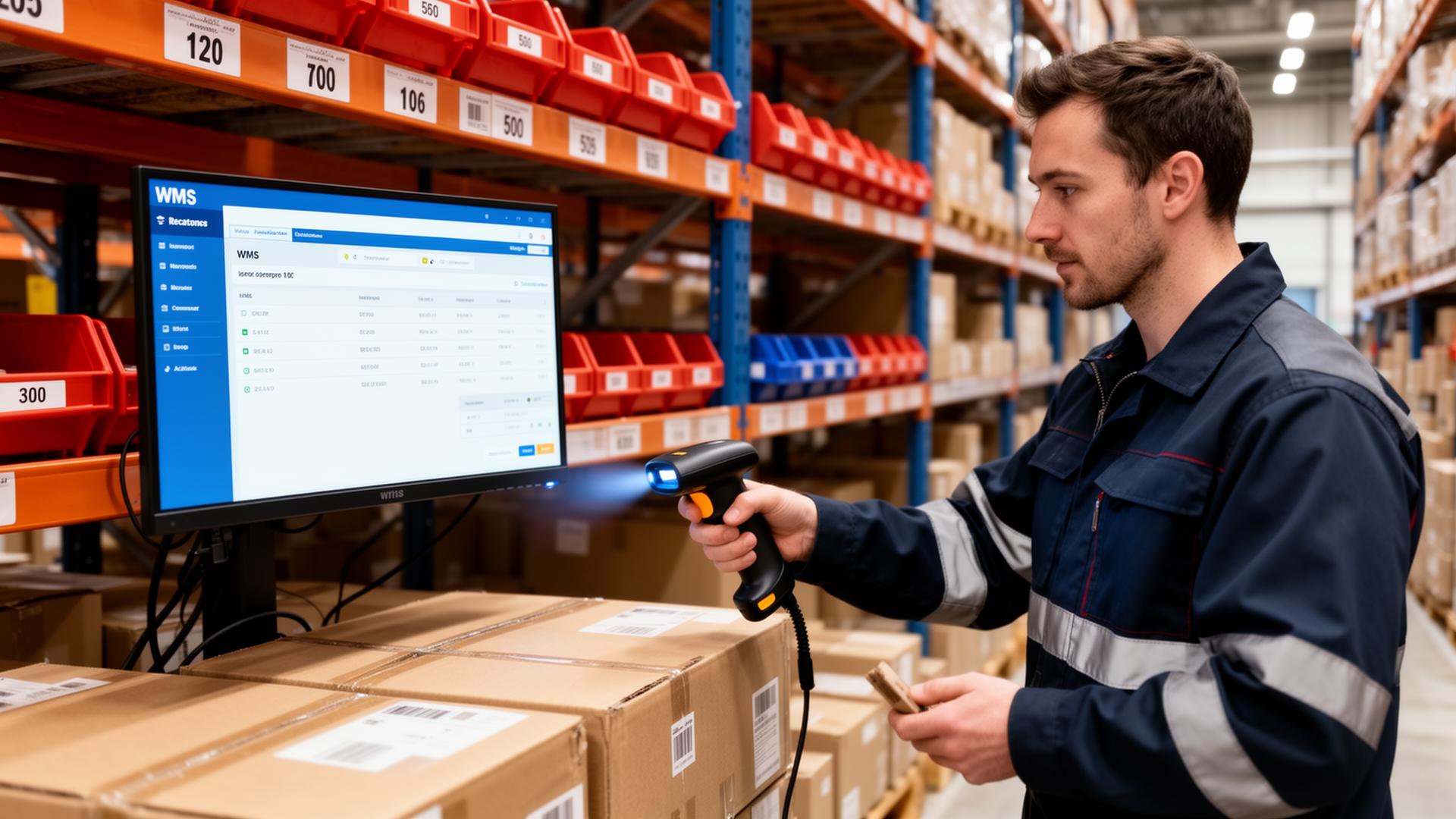 Warehouse worker using a handheld barcode scanner connected to a WMS in a UK storage facility