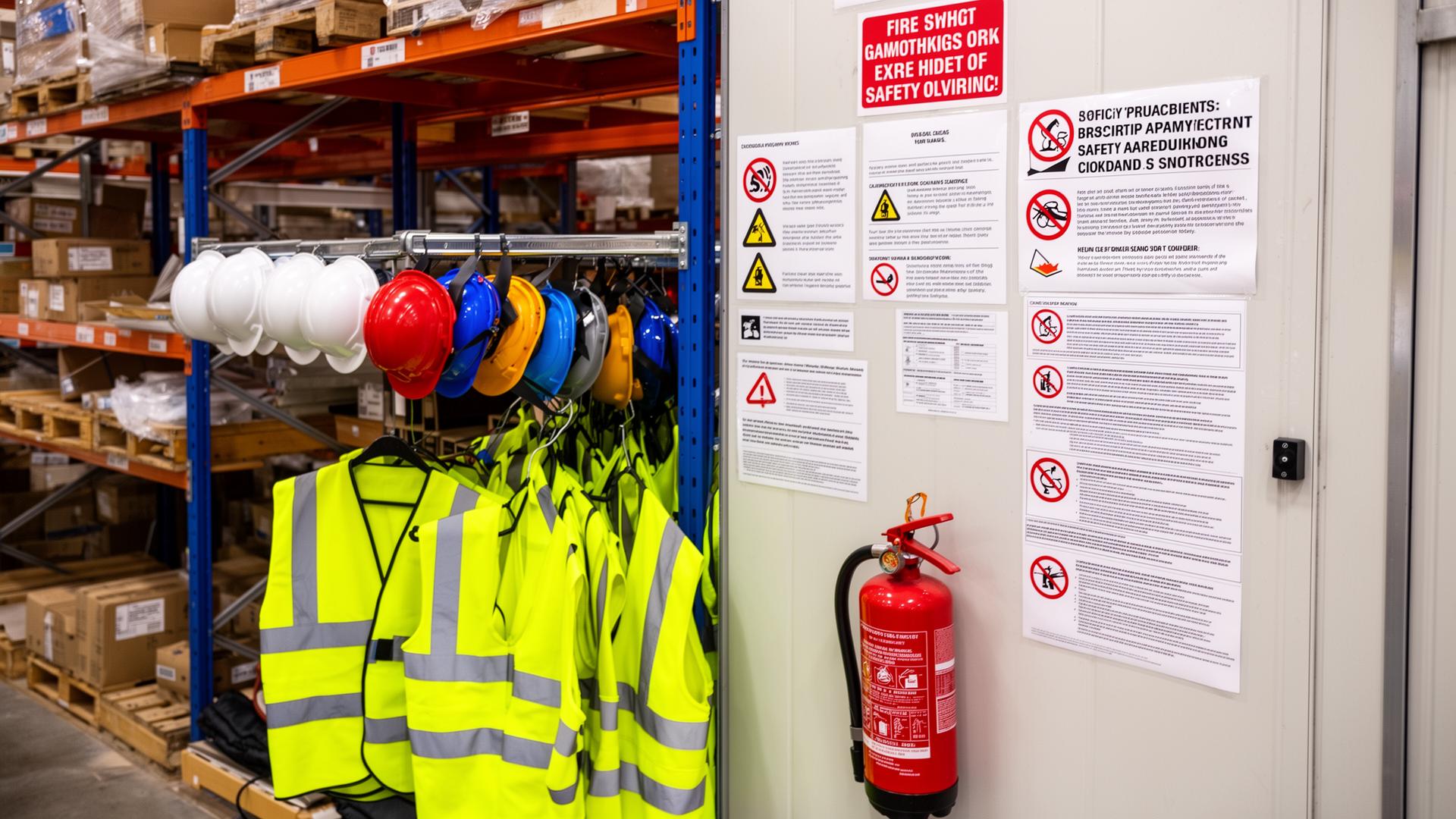 Safety signage and protective equipment in a clean, well-organised UK warehouse facility