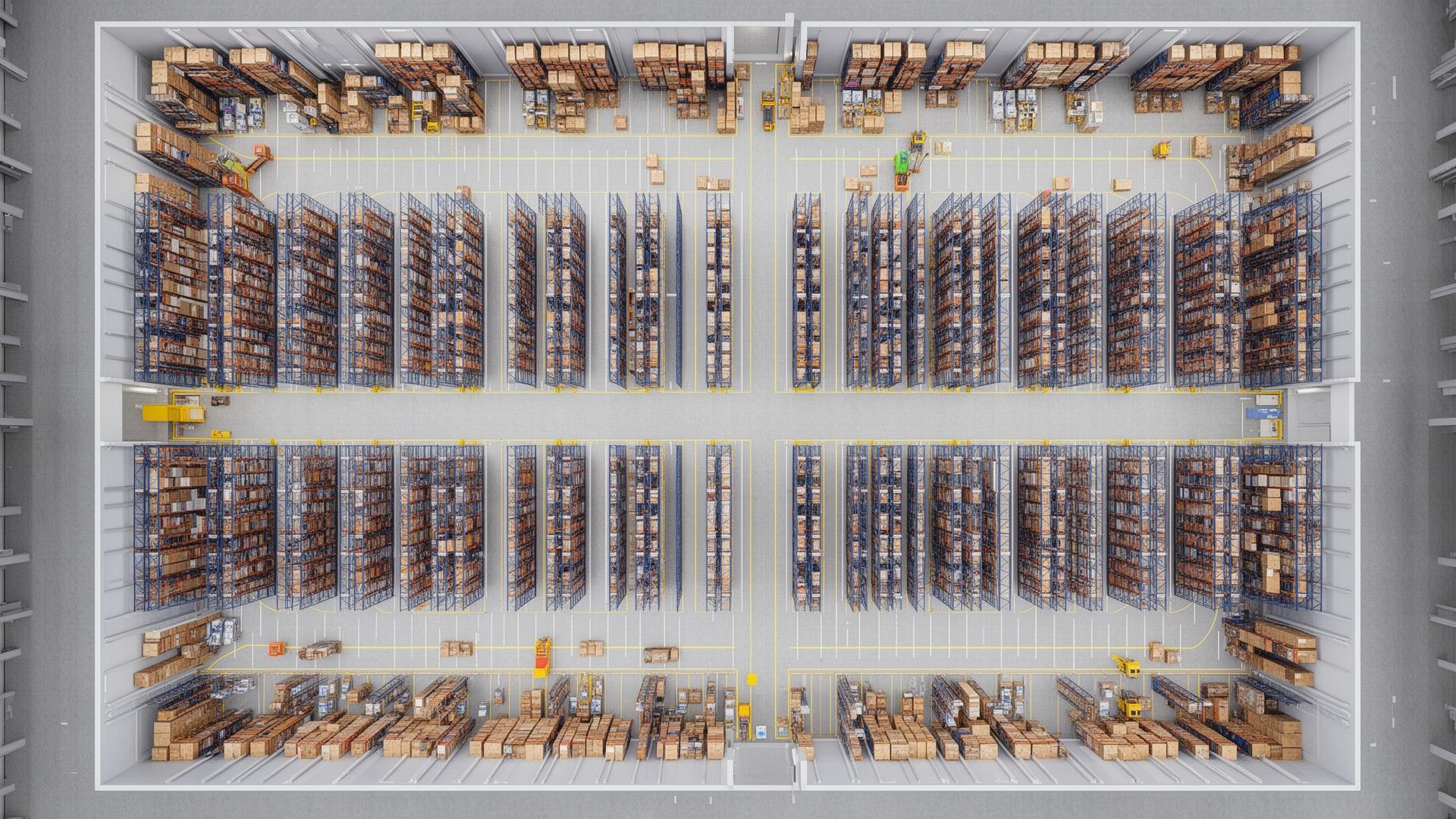 Aerial view of an optimised warehouse floor plan with clearly defined zones and efficient racking